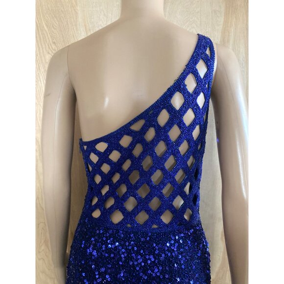 1990s Scala Royal Blue Sequin One Shoulder Gown Open Back Evening Dress Sz M - Picture 6 of 16